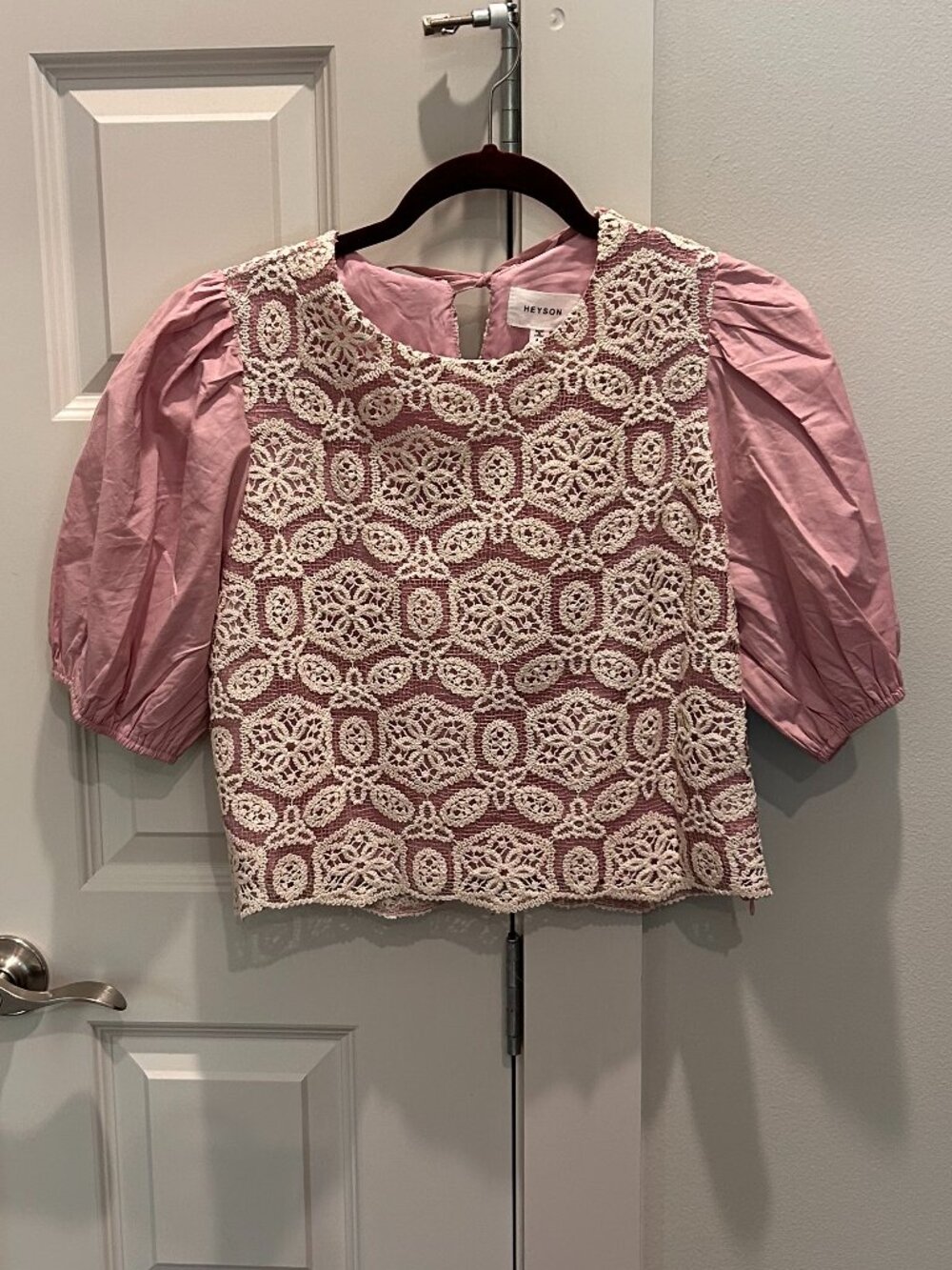 Heyson Crop Puff Sleeve Lace Overlay Blouse